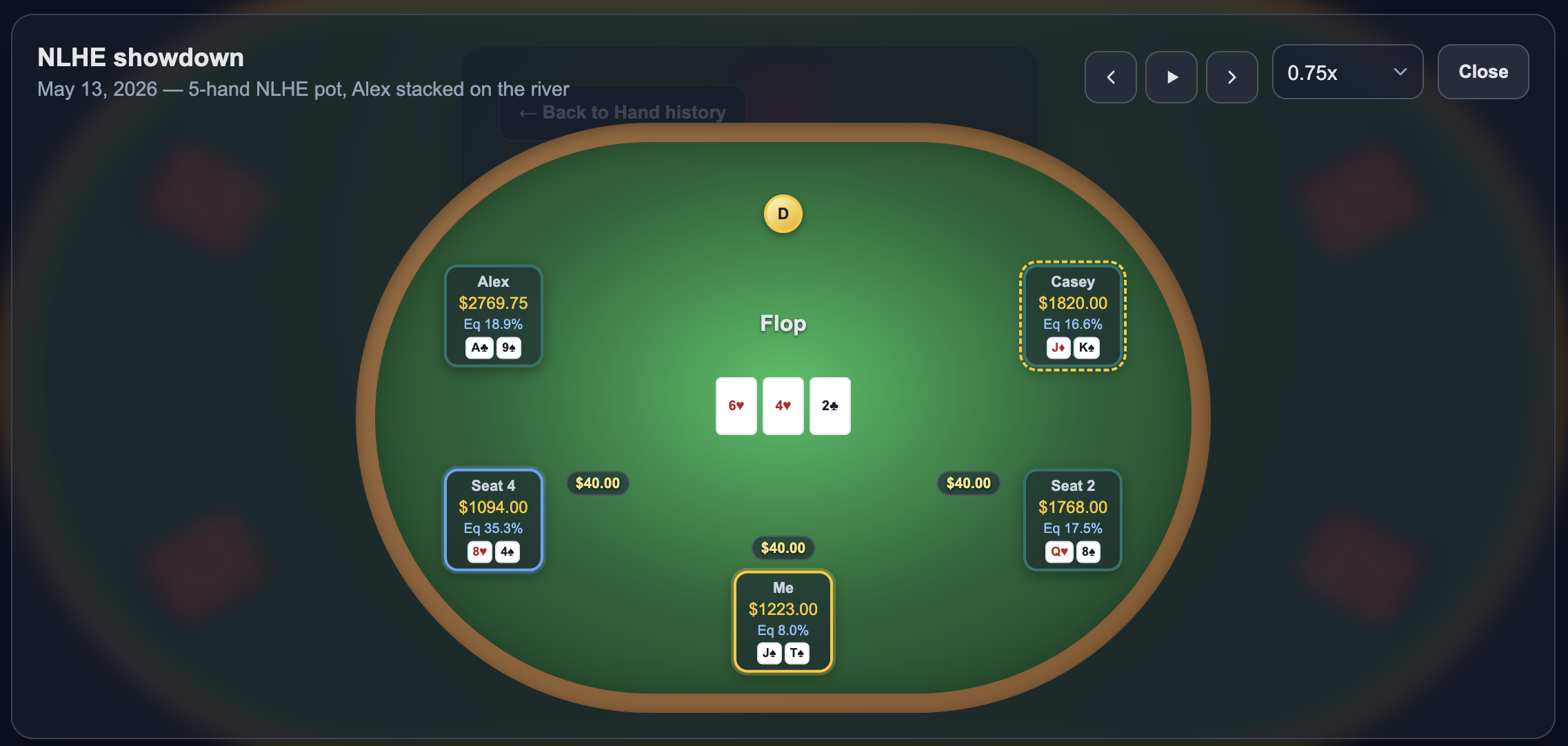 Hand replay view in Chip Logger