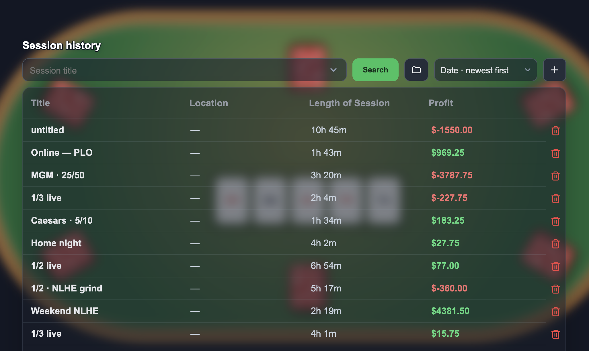 Session history table in Chip Logger